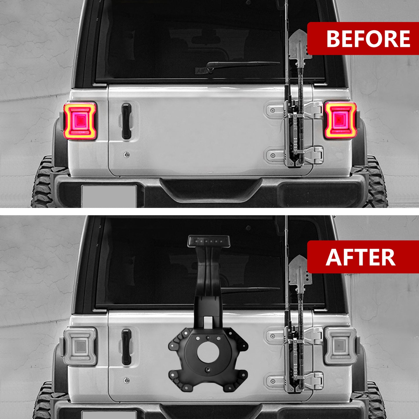Spare Tire Holder Mounting Bracket Tire Carrier Rack with Screws ＆ Third Center High Mount Brake Light Assembly with Wiring Harness for Jeep Wrangler JK 2007-2018, Replaces # 68048581AA 55397217AJ