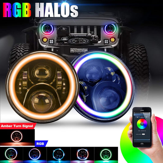 RGB 7" LED Headlight Halo Angel Eye with Bluetooth Remote for Jeep Wrangler 1976-2018 CJ TJ LJ JK(2pcs/set)