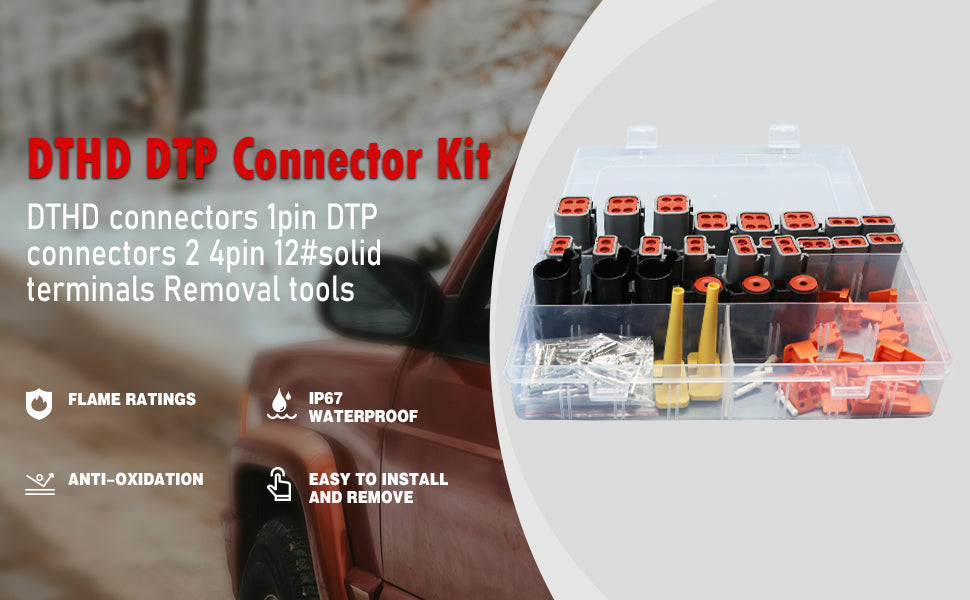 Deutsch DTP DTHD Connector Kit – 1 2 4 Pin, 12-16AWG Solid Pins, Waterproof, with Removal Tool (102 Pcs)