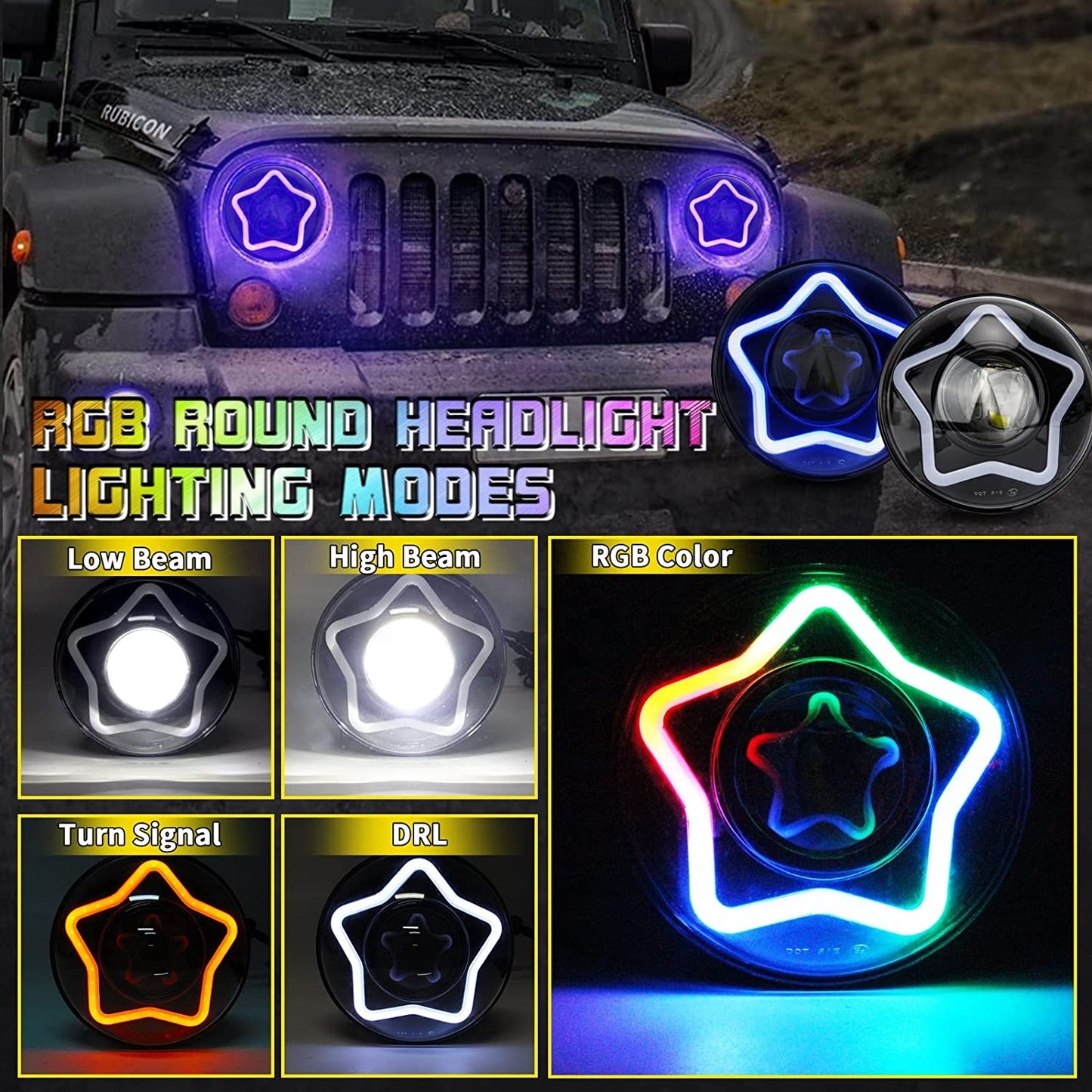 RGB LED Headlight 7 Inch Round Headlight, DRL/Amber/Turn Signal Car Driving Light Heavy Duty Round Headlight With H3 H14