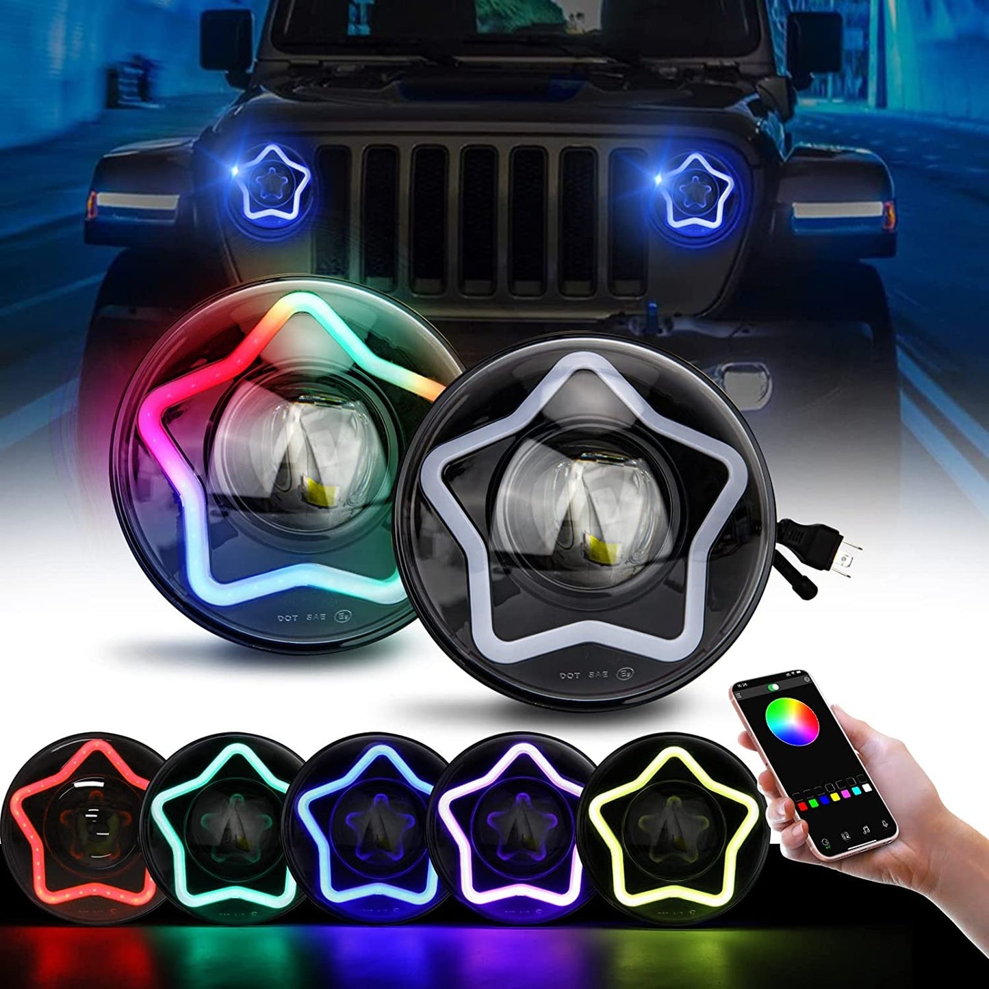 RGB LED Headlight 7 Inch Round Headlight, DRL/Amber/Turn Signal Car Driving Light Heavy Duty Round Headlight With H3 H14