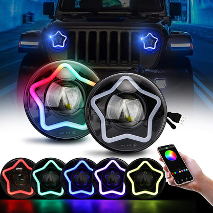 RGB LED Headlight 7 Inch Round Headlight, DRL/Amber/Turn Signal Car Driving Light Heavy Duty Round Headlight With H3 H14