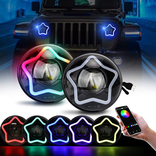RGB LED Headlight 7 Inch Round Headlight, DRL/Amber/Turn Signal Car Driving Light Heavy Duty Round Headlight With H3 H14