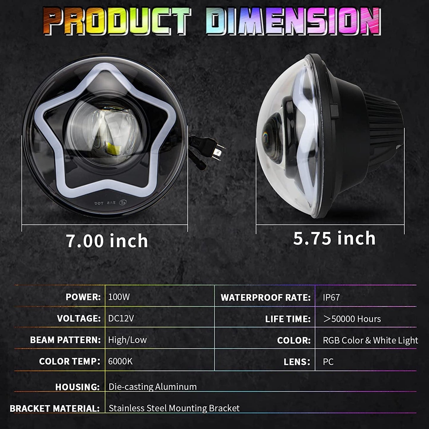 RGB LED Headlight 7 Inch Round Headlight, DRL/Amber/Turn Signal Car Driving Light Heavy Duty Round Headlight With H3 H14