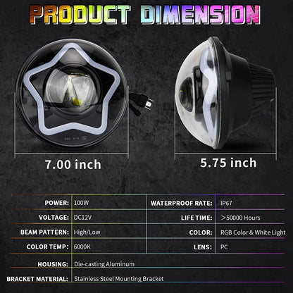 RGB LED Headlight 7 Inch Round Headlight, DRL/Amber/Turn Signal Car Driving Light Heavy Duty Round Headlight With H3 H14