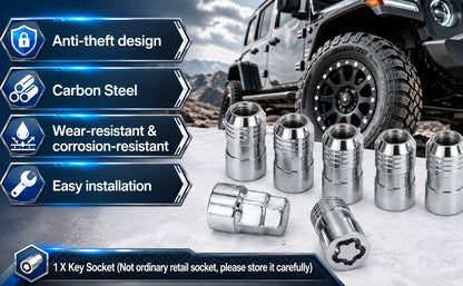 M14 x 1.5 Wheel Lock Set – 5 Locks & 1 Key, Chrome Cone Seat, Anti-Theft Lug Nuts