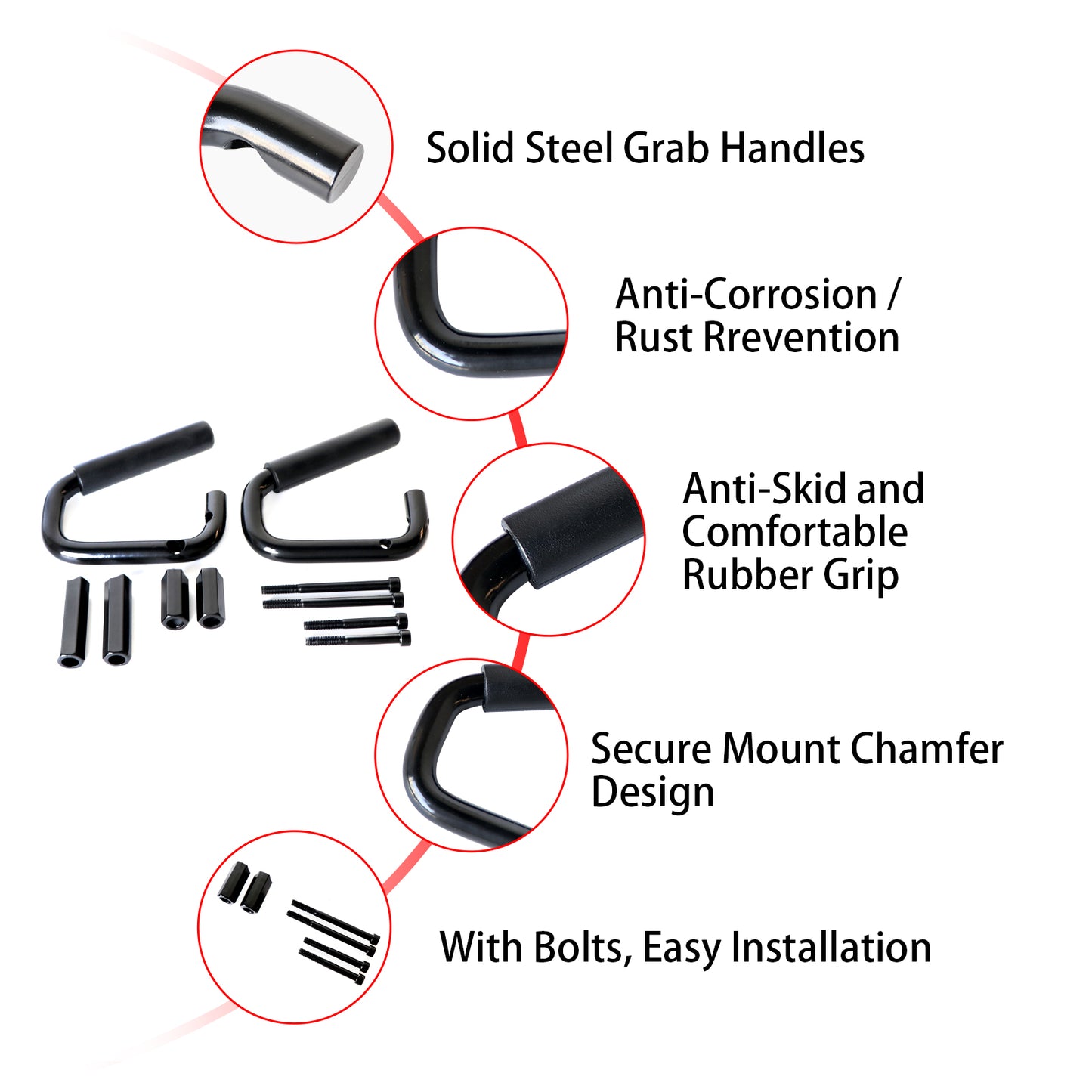 ETL INDUSTRIES Front Black Solid Steel Handles Grab Bars for 2007-2018 Jeep Wrangler JK Grab Handles Metal 2/4 Door