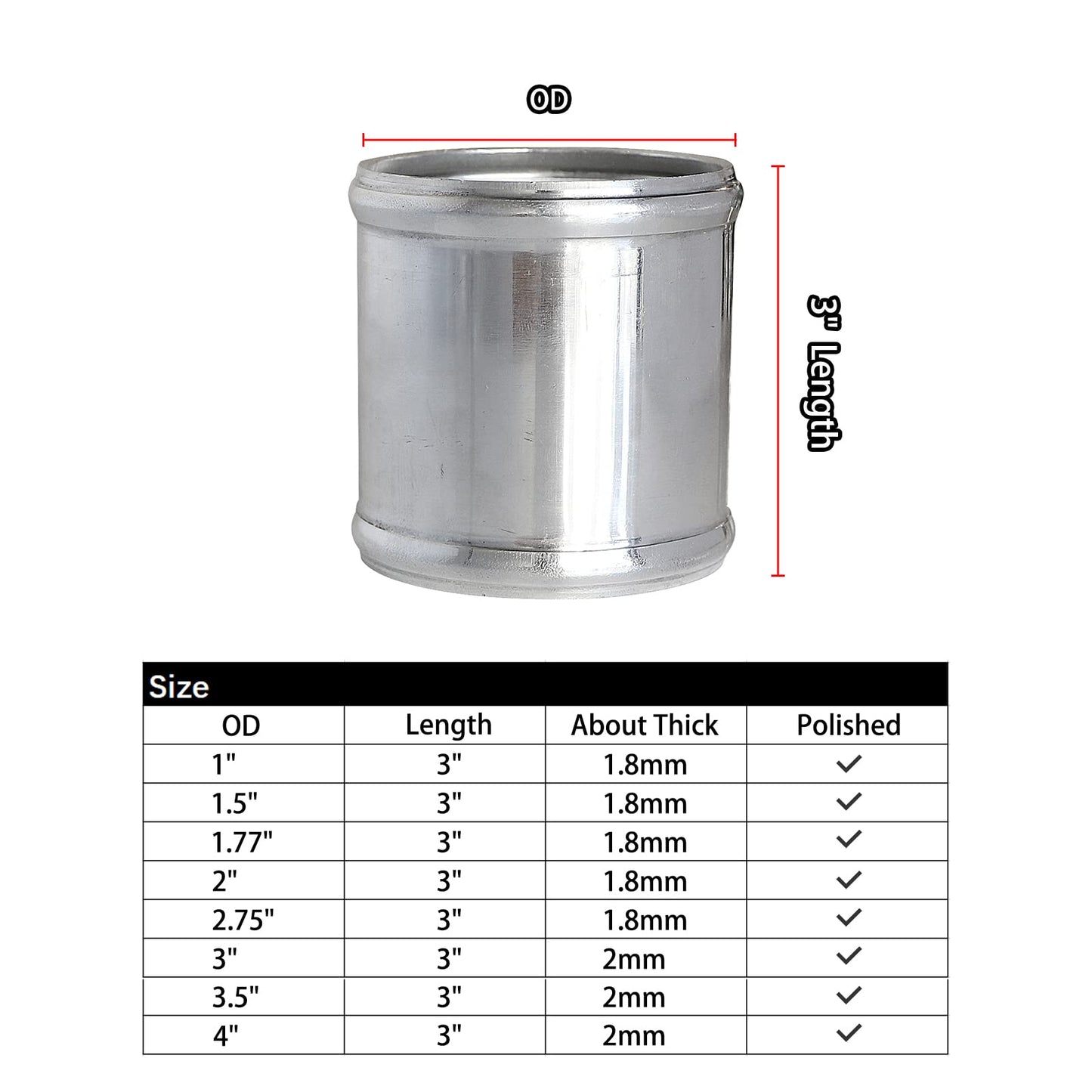 Universal OD 3.5"(89mm) Aluminum Intake Piping Adapter 3"(76mm) Length T-6061 Joiner Pipe Connector Tube Air Intercooler Piping