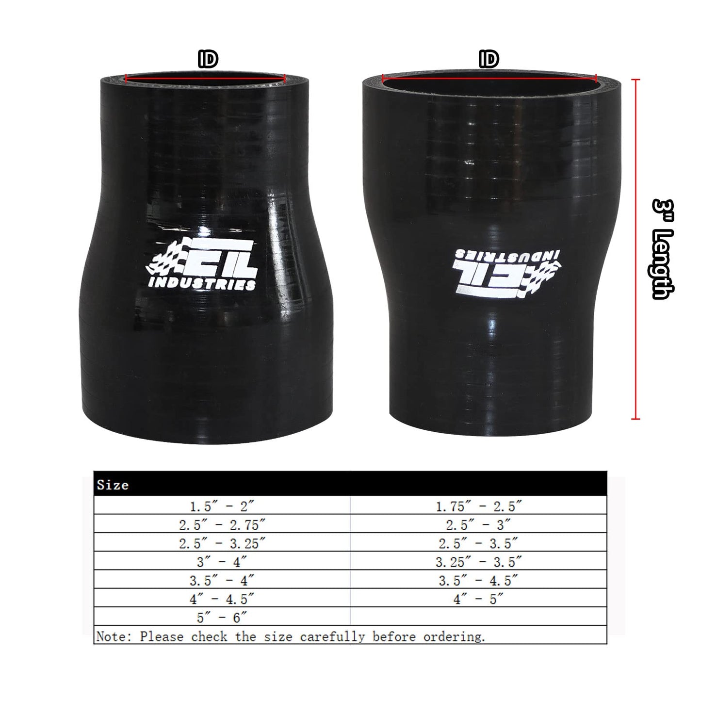 ID 2.5" to 3.25", Length 3" Silicone Reducer Straight Coupler Hose, 4-Ply Reinforced Universal Intake Reducer Intercooler Pipe Black