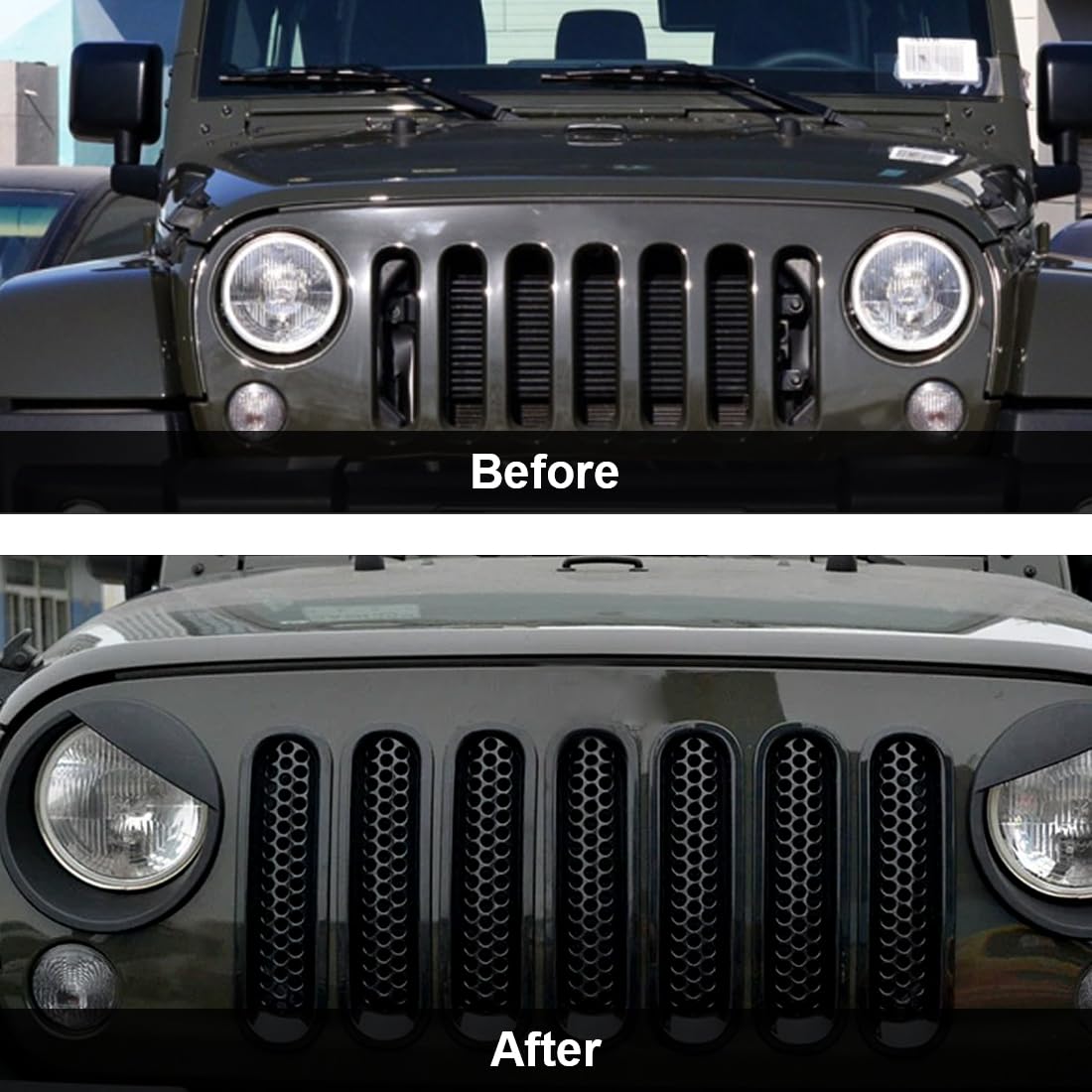 ETL INDUSTRIES Front Mesh Grille Cover Guard Clip-in & Headlight Cover Fits 2007-2017 for Jeep Wrangler JK JKU - Angry Bird Headlight Bezels Trim & Grille Mesh Inserts