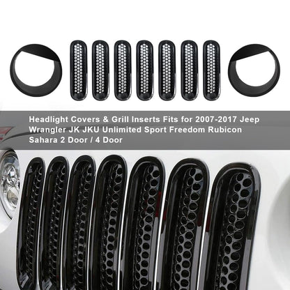 ETL INDUSTRIES Front Mesh Grille Cover Guard Clip-in & Headlight Cover Fits 2007-2017 for Jeep Wrangler JK JKU - Angry Bird Headlight Bezels Trim & Grille Mesh Inserts