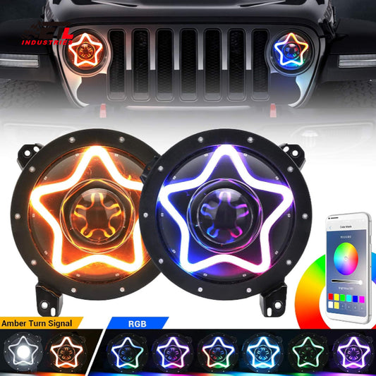 9 Inch Headlight RGB Halo Led Round with Amber Turn Signal,Star Shape Chasing Headlights Compatible with Gladiator JT 2018-2020 Wrangler JL JLU Sahara Rubicon